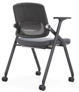 Khung tựa lưng bằng nhựa nylon màu đen kết hợp sợi thủy tinh (GF), tích hợp chức năng ngả lưng.

 	
Đệm mút định hình, trang bị tay vịn bằng nhựa nylon có thể gập/xoay linh hoạt (tay vịn động).

 	
Khung chân sơn tĩnh điện màu đen; kết nối phần tựa lưng bằng khớp đúc hợp kim nhôm động; phần đỡ mặt ghế làm bằng ống thép kết hợp khớp nối hợp kim nhôm động; mặt ghế có thể lật lên (gập gọn), phần khung chân có thể gấp lại tiện lợi.

 	
Trang bị bánh xe xoay đa hướng bằng nhựa nylon kích thước 50mm (50#).